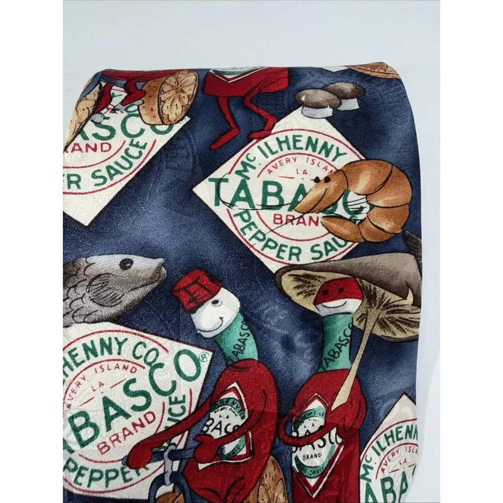 Tabasco Hot Sauce Tie Bicycle Shrimp Fish Themed Men’s 100% Silk Made in USA